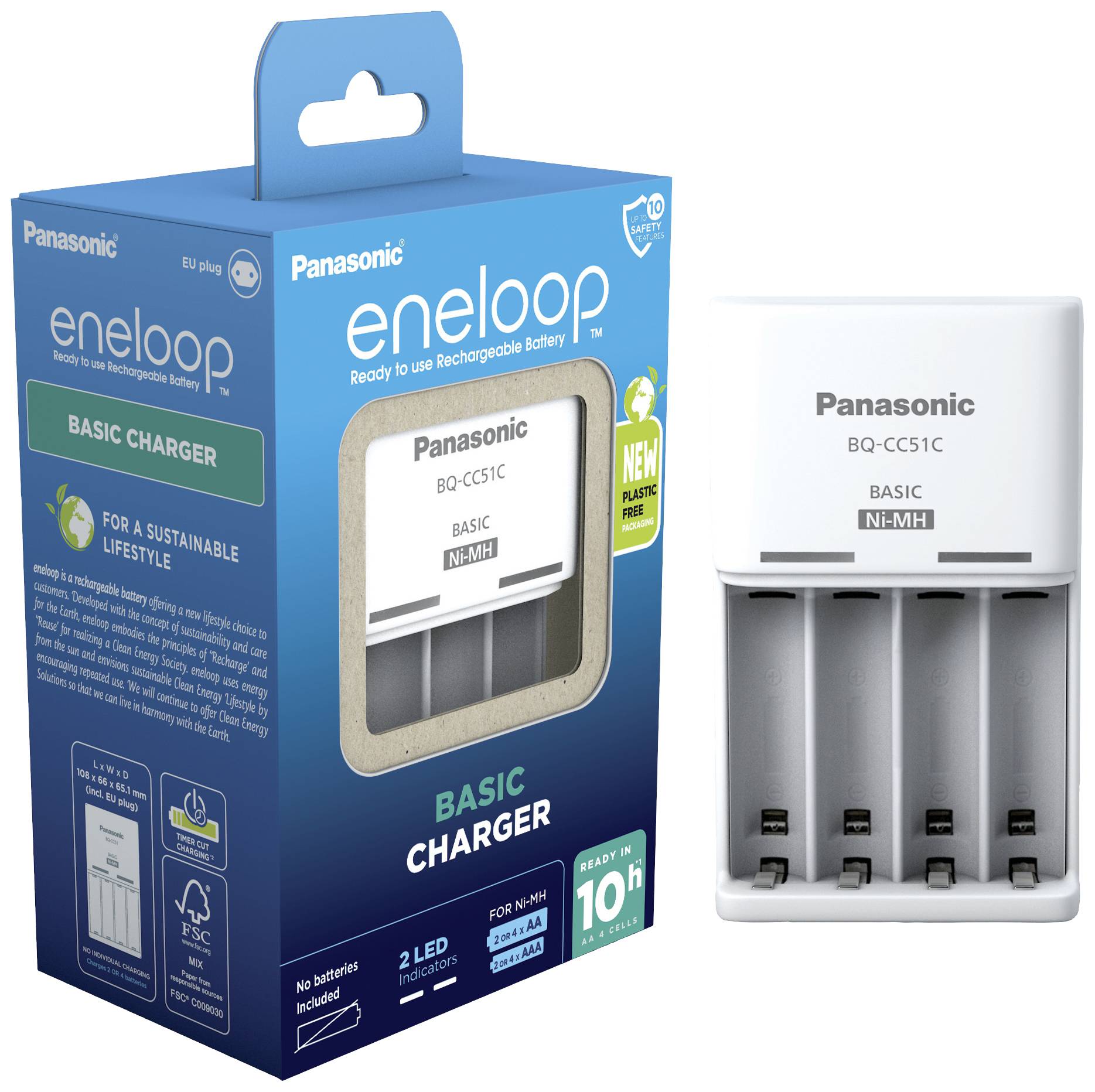 Nabíječka baterií 'Panasonic eneloop' pro nikl-metalhydridové akumulátory, vhodná pro velikosti AA/AAA. Obal zobrazuje udržitelný design a technické parametry.