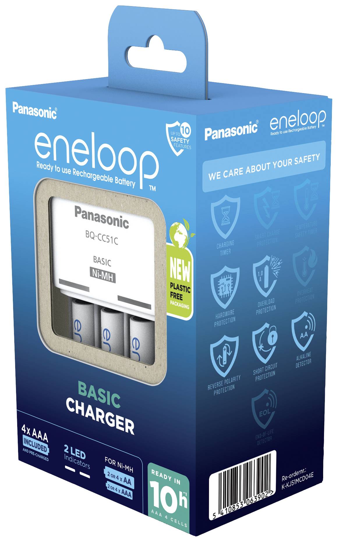 Nabíjecí obal Panasonicu pro baterie Eneloop, zobrazující zařízení se čtyřmi bateriemi AA. Krabice je bez plastu a klade důraz na bezpečnost.