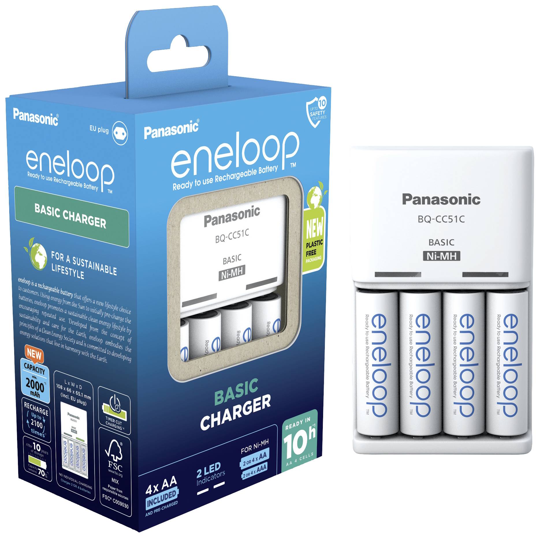 Obal nabíječky baterií značky Panasonic 'eneloop'. Obsahuje nabíječku se čtyřmi dobíjecími bateriemi AA.
