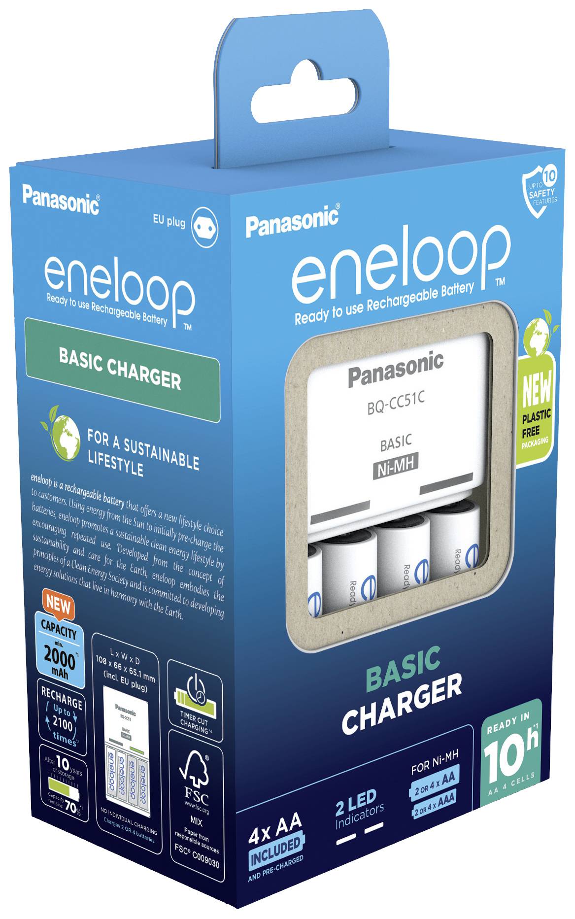 Obal nabíječky Panasonic Eneloop s bateriemi, který klade důraz na udržitelnost a 10hodinovou dobu nabíjení.