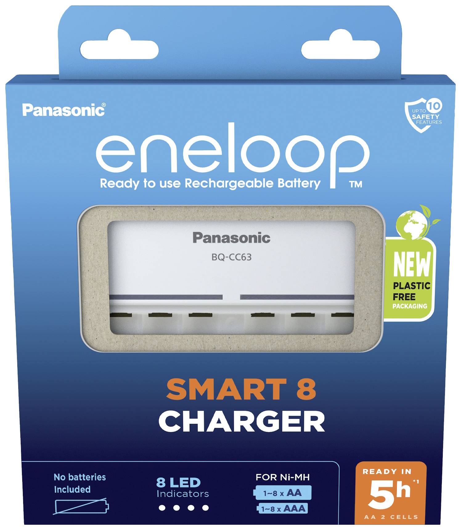 Obal nabíječky Panasonic eneloop Smart 8 ukazuje nabíječku pro baterie AA a AAA, zdůrazňuje 8 LED indikátorů a šetrné balení k životnímu prostředí.