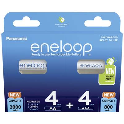 Balení osmi dobíjecích baterií Panasonic eneloop, čtyř AA a čtyř AAA, s kapacitami 2000 mAh a 800 mAh.