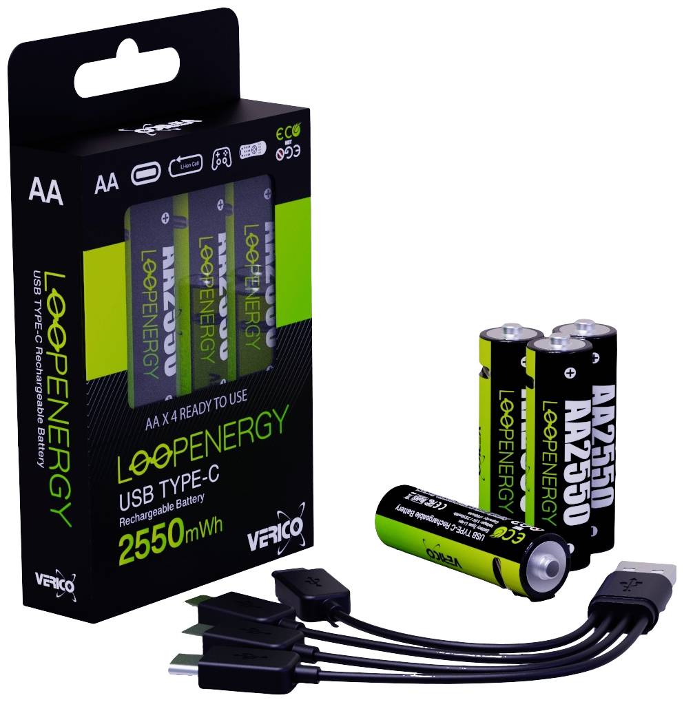 Balení se čtyřmi AA akumulátory a nabíjecím kabelem. Nápis "Loop Energy, USB Type-C, 2550 mWh". Dva akumulátory a kabel vedle sebe.