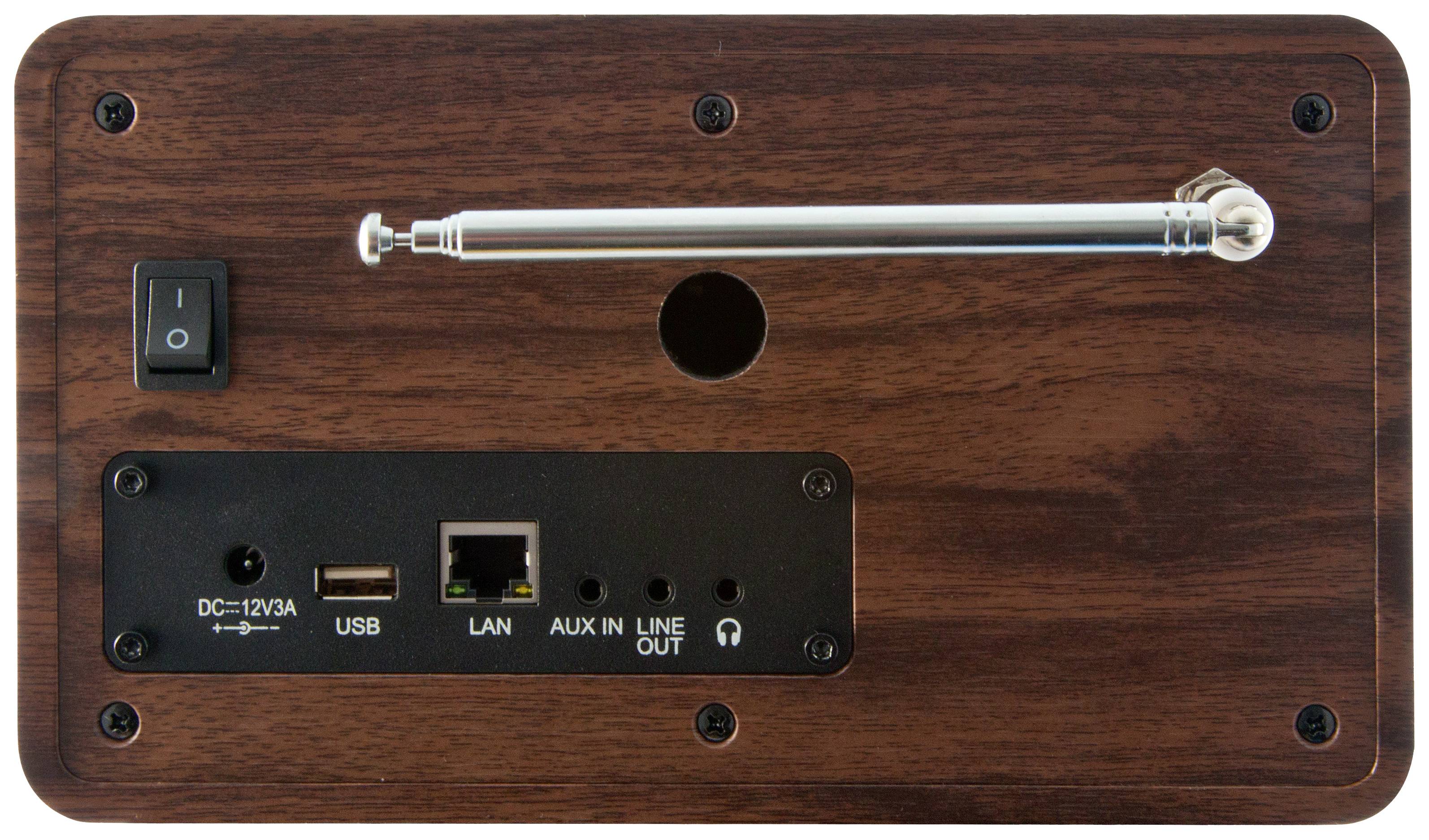 Zadní strana dřevěného rádia s anténou. Obsahuje síťový vypínač, USB port, LAN konektor, AUX IN, LINE OUT a zdířku pro sluchátka.