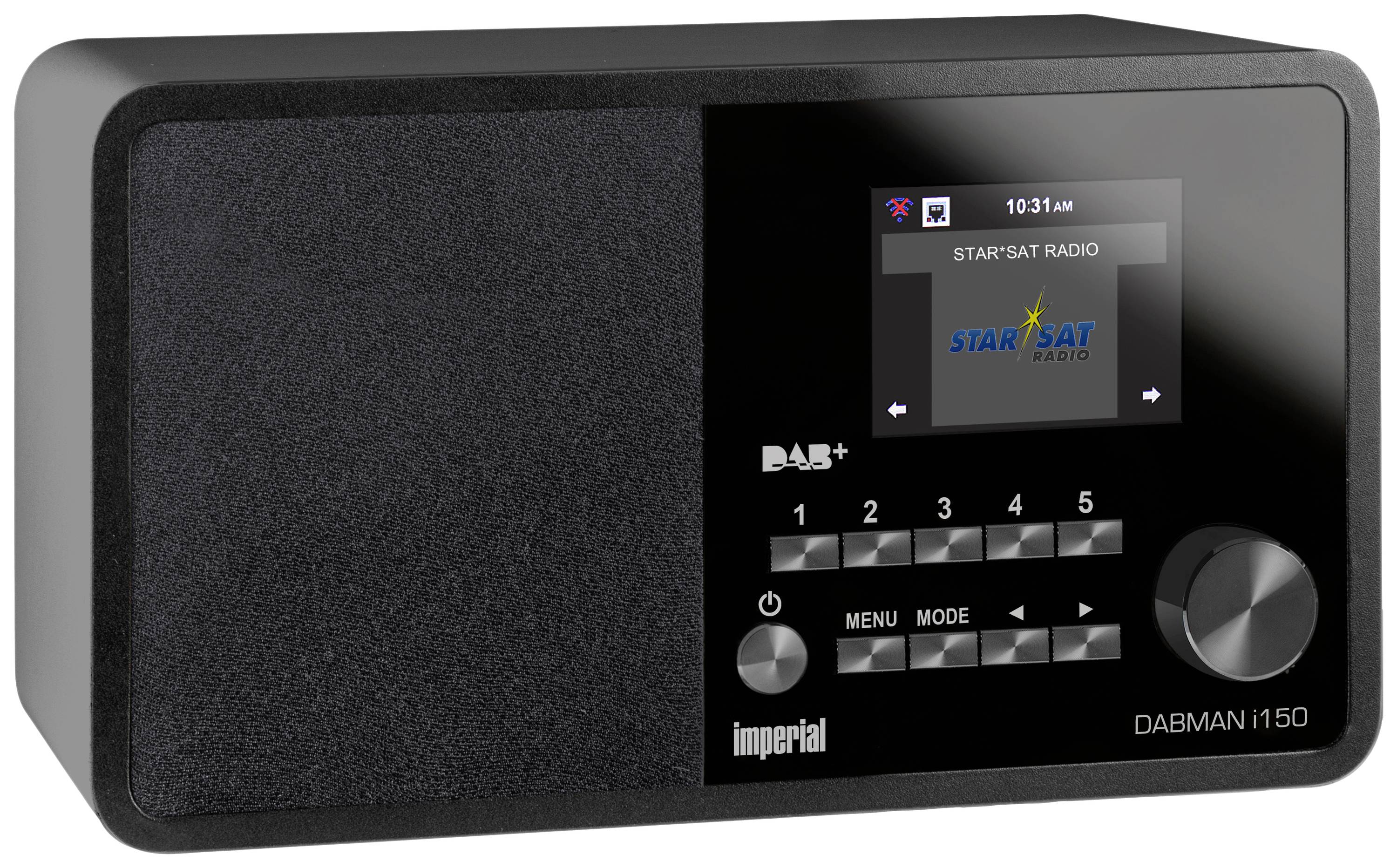 Černé rádio DAB+ s displejem zobrazujícím 'STAR*SAT RADIO' a ovládacími tlačítky pod ním.