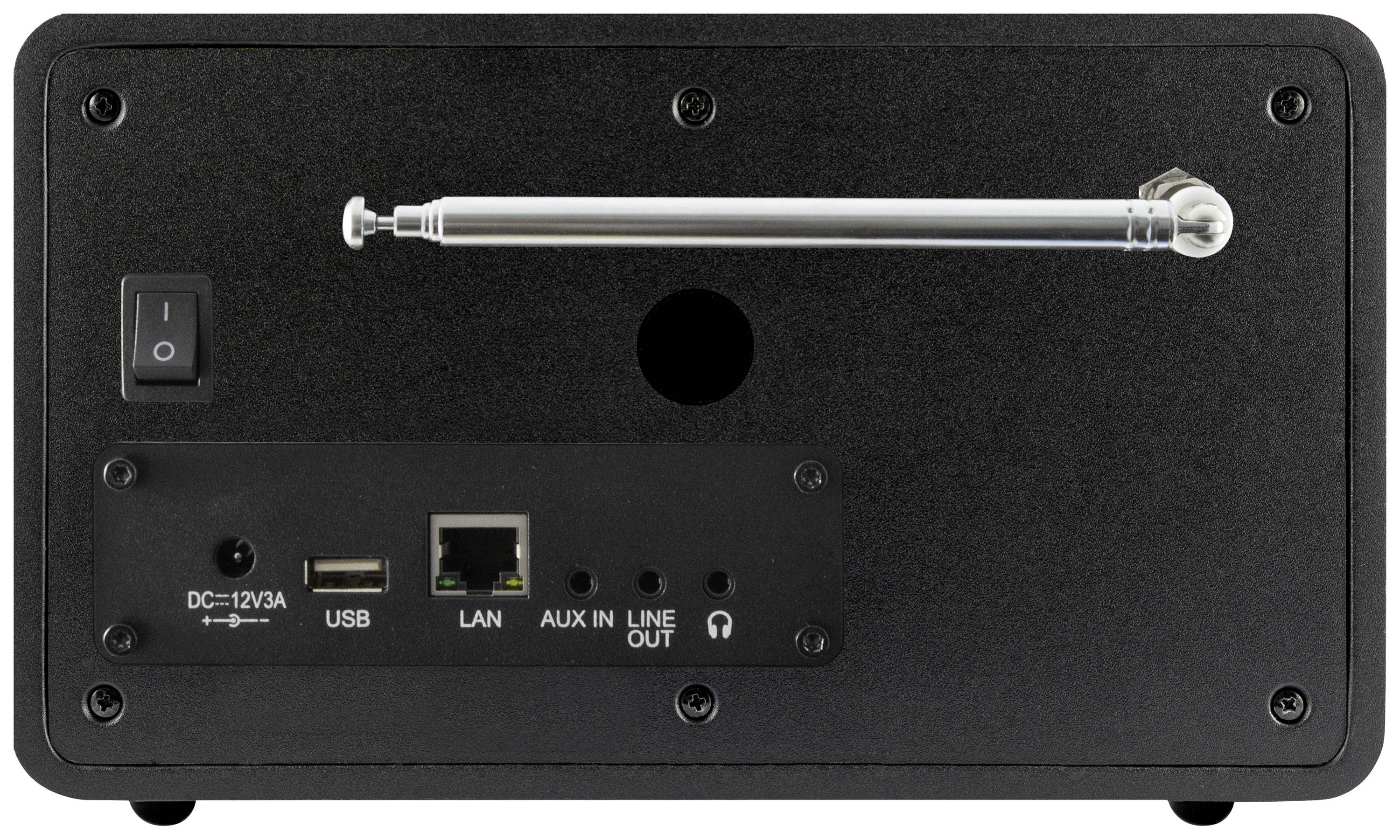 Zadní strana elektronického zařízení s síťovým vypínačem, USB portem, LAN portem, AUX-IN a LINE-OUT konektory a anténou.
