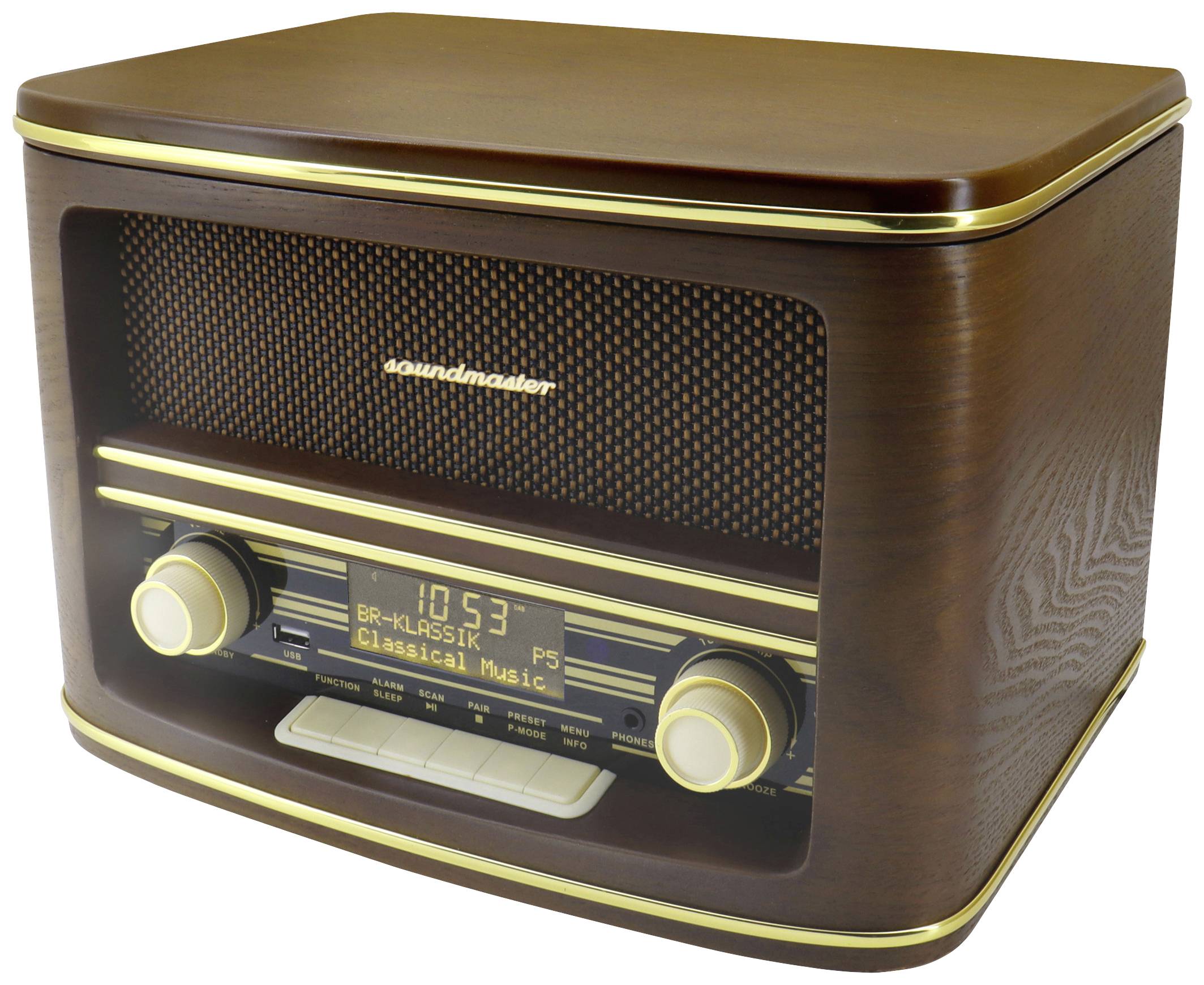 Retro rádio z dřeva se zlatými ozdobami ukazuje čas 10:53 a hraje klasickou hudbu.