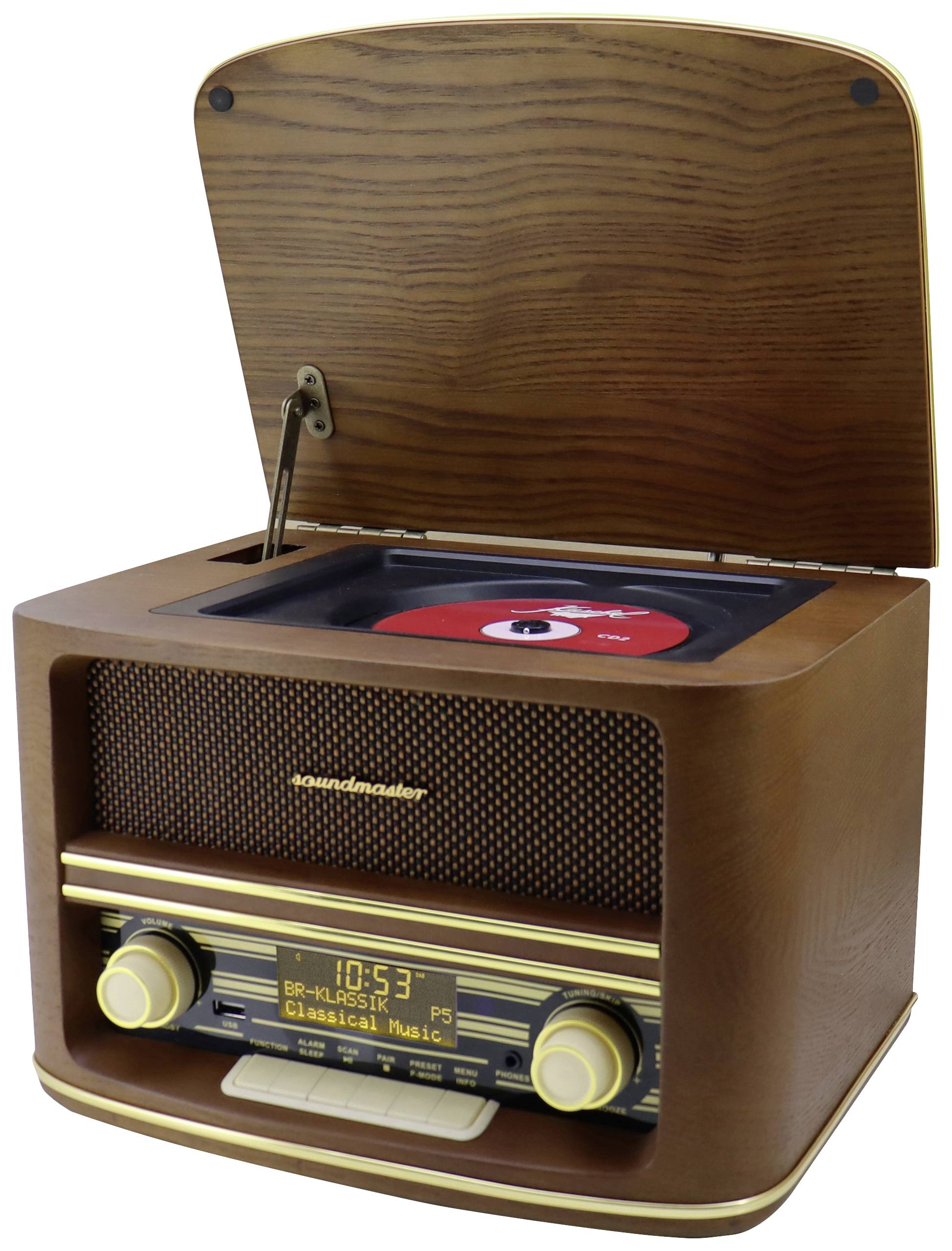 Retro rádio z dřeva s otevřeným víkem, který odhaluje CD přehrávač s dobře viditelnými otočnými knoflíky a displejem.
