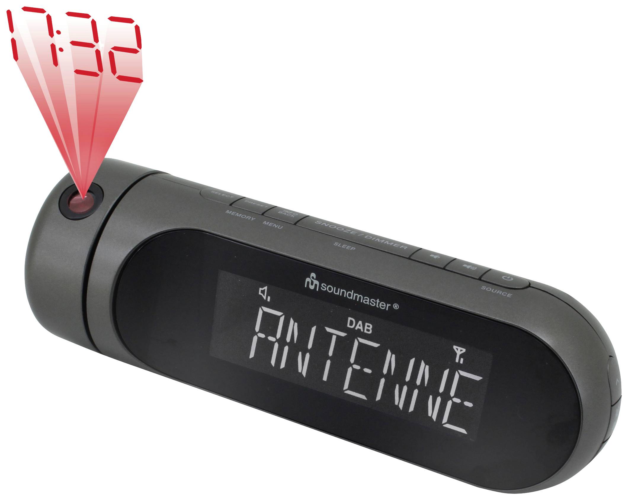 Černý DAB radiobudík od Soundmaster s digitálním displejem 'ANTENNE', zobrazující čas 17:32 červeně na stěně nebo stropě.