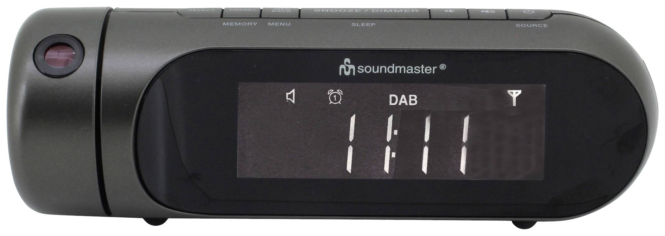 Digitální radiobudík s displejem zobrazujícím čas '1:11'. Zařízení je v tmavě šedém provedení.