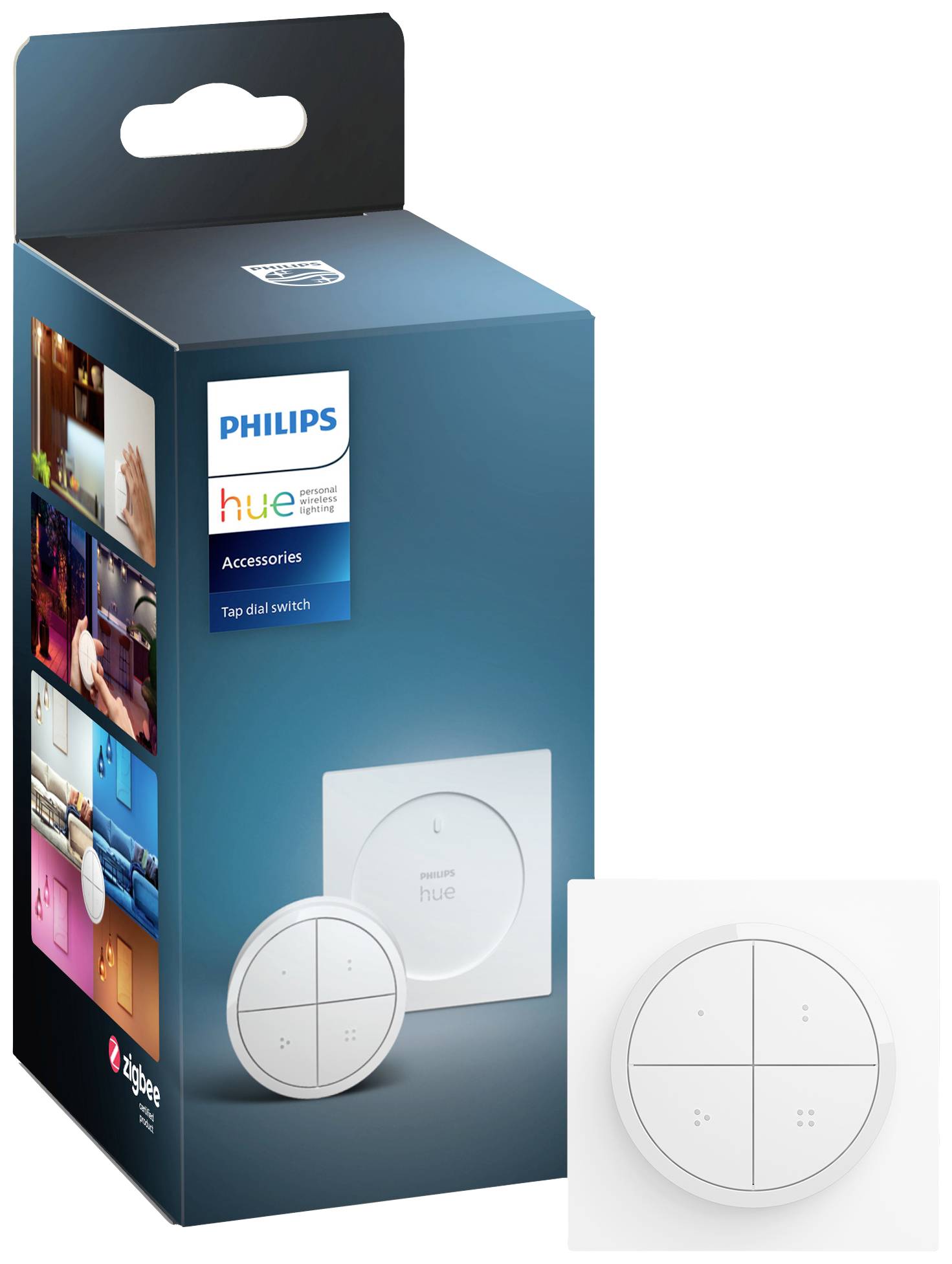 Balení ovladače Philips Hue Tap Dial v modré barvě. Zobrazuje produkt a příklady použití. Zdůrazňuje chytré ovládání osvětlení.