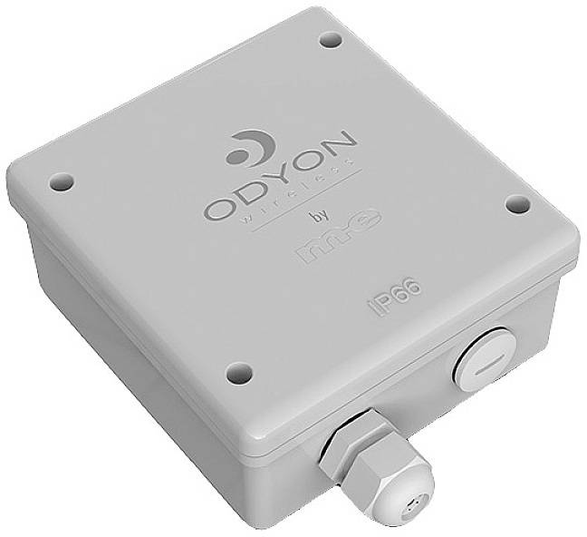 Obdélníkové šedé elektronické zařízení s nápisem 'ODYON Wireless' a 'IP66' nahoře. Vhodné pro venkovní použití.