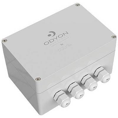Elektronický kryt se čtyřmi kabelovými průchodkami, firemní logo 'ODYON' na horní straně, šedé barvy.