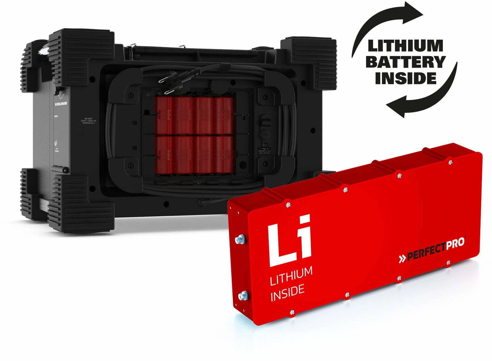 Černé zařízení s červenou lithium-iontovou baterií, vedle text 'Lithium Battery Inside', což naznačuje přítomnost interní baterie.