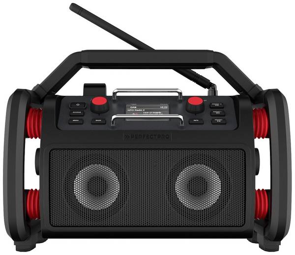 PerfectPro RockPro PE-RP2 odolné rádio, DAB+, FM, AUX, Bluetooth, USB, s USB nabíječkou, voděodolné, prachotěsné, nárazuvzdorné, funkce alarmu, s akumulátorem, černá