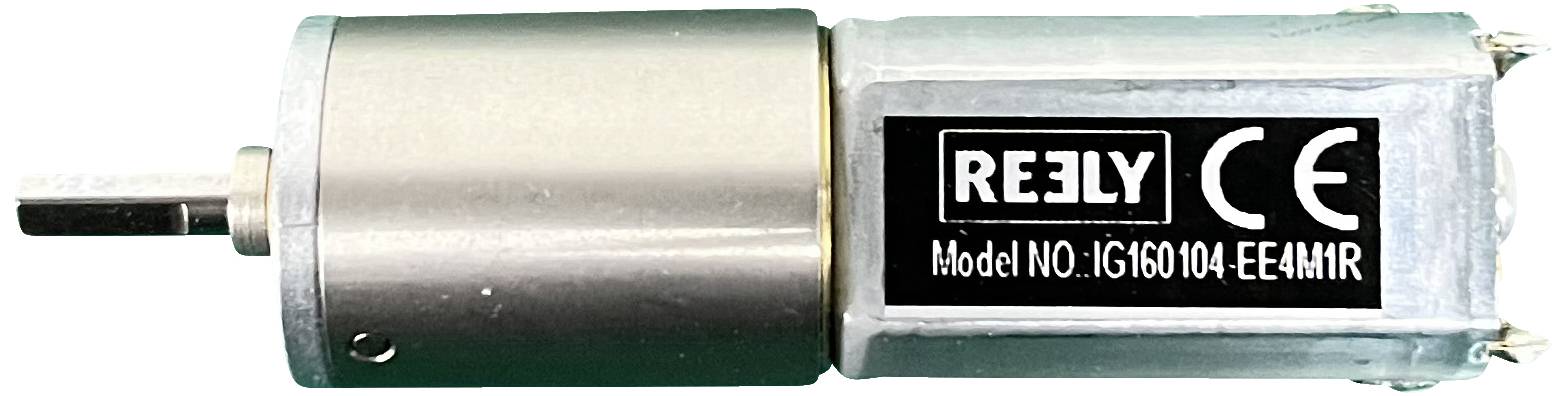 Malý elektromotor s kovovým pouzdrem. Štítek zobrazuje modelové číslo 'JG1004-E24MR' a značku CE.