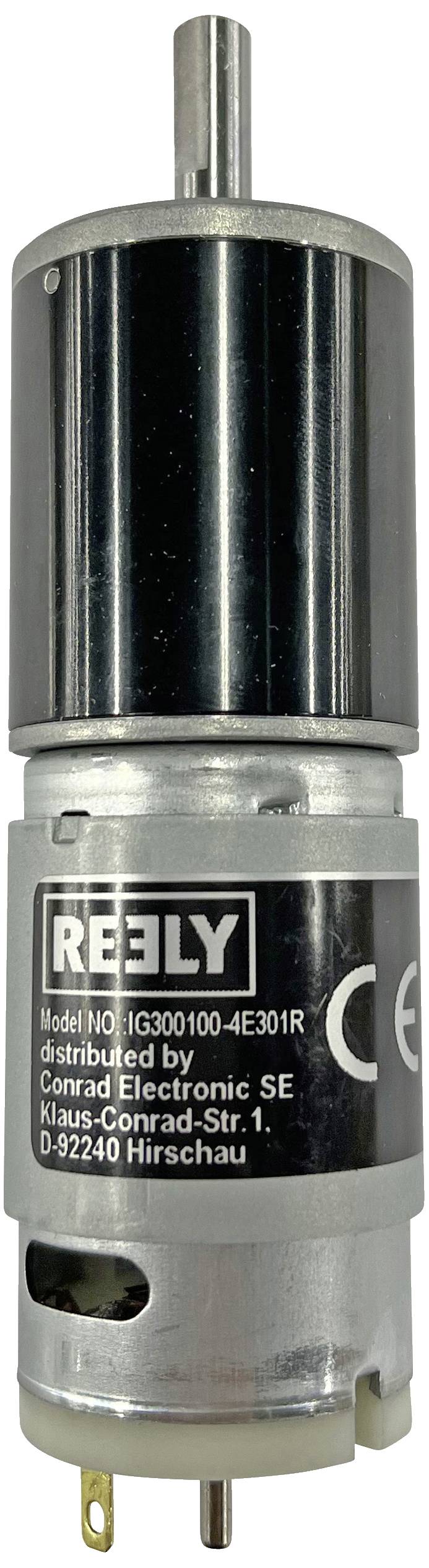 Elektromotor značky Reely, model IG300100-4E301R, distribuovaný společností Conrad Electronic SE, s označením CE.