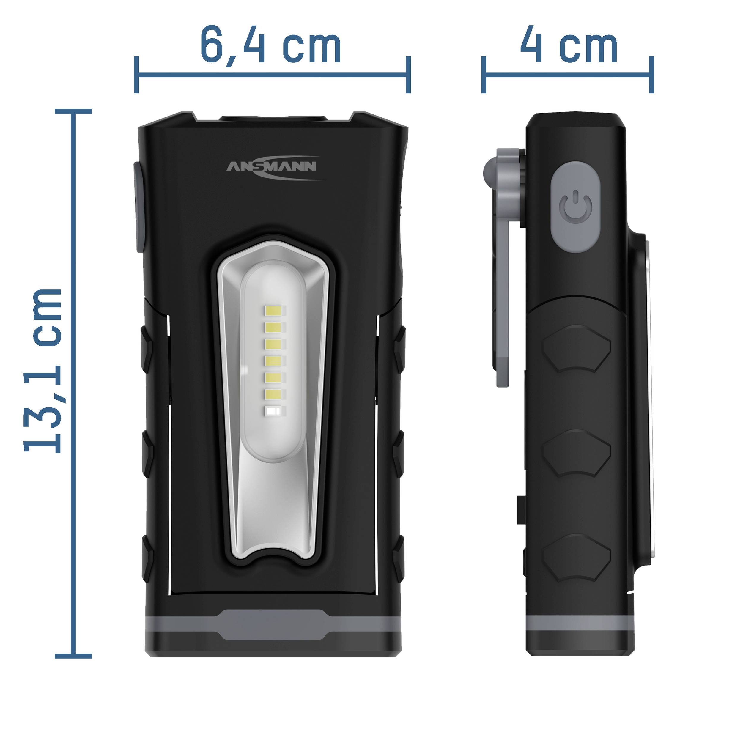 Černé LED světlo s vypínačem o rozměrech: výška 13,1 cm, šířka 6,4 cm, hloubka 4 cm.