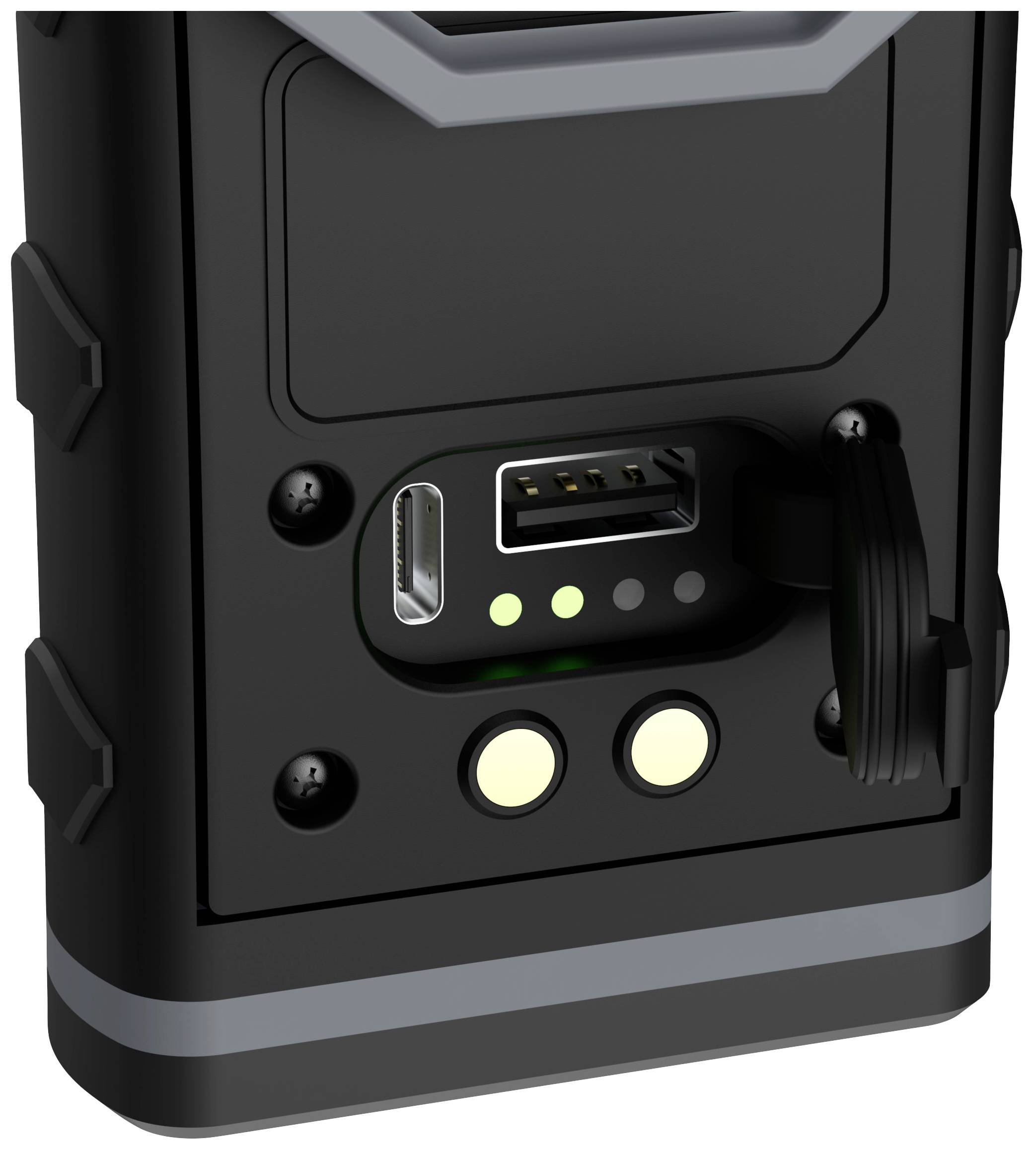 Černé technické zařízení s USB portem a dvěma tlačítky, umístěné v robustním pouzdře.