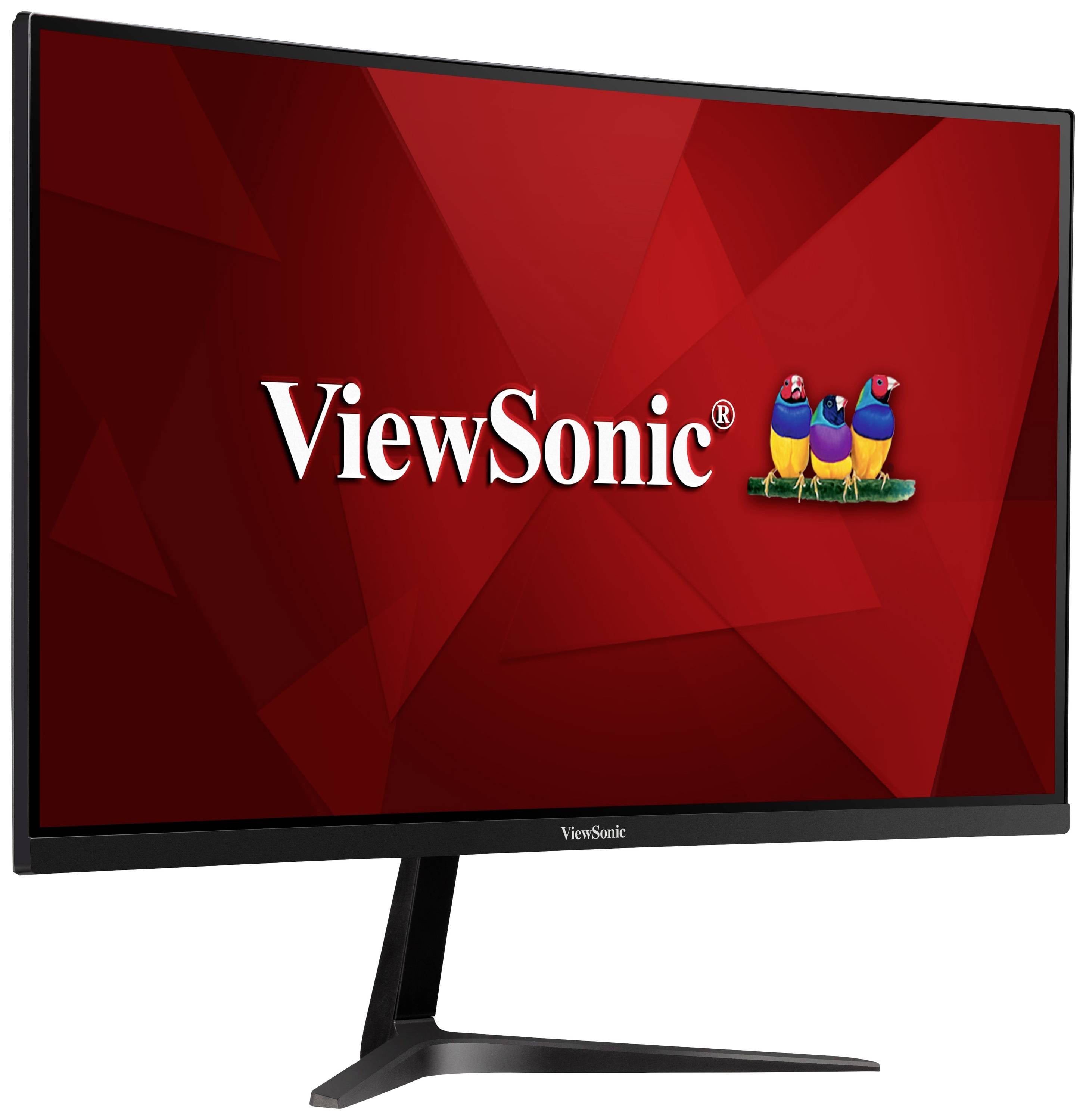 Černý monitor s logem ViewSonic na červeném pozadí.