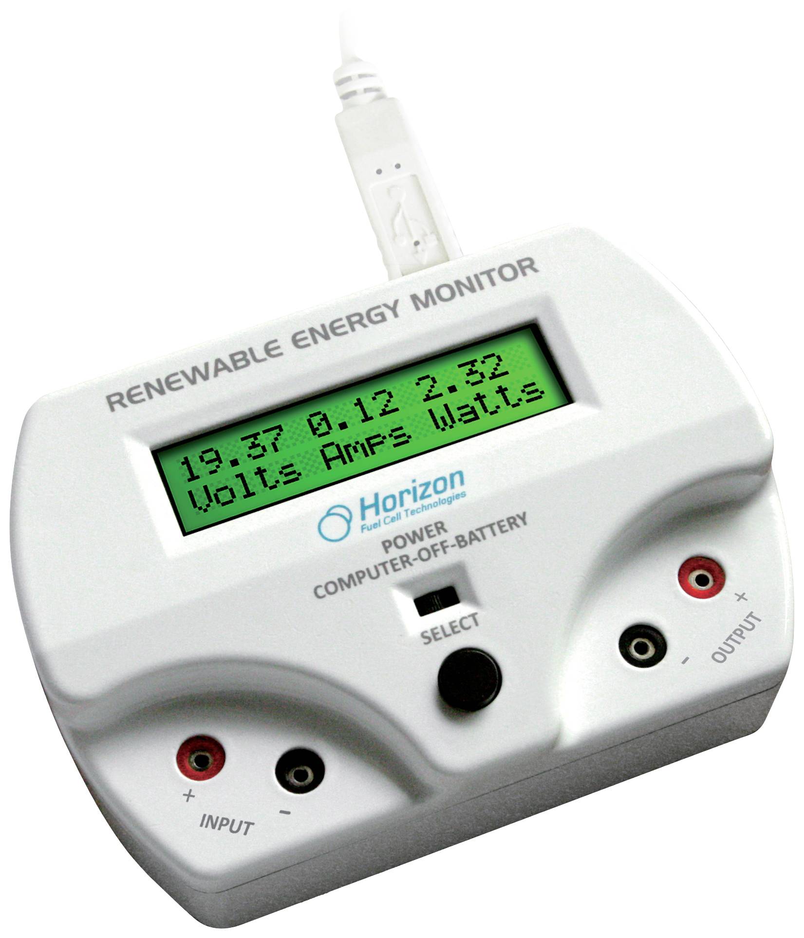 Monitor obnovitelných zdrojů energie zobrazuje naměřené hodnoty: '19,37 voltů', '0,12 ampérů', '2,32 wattů'. Zařízení má přípojky pro vstup a výstup.