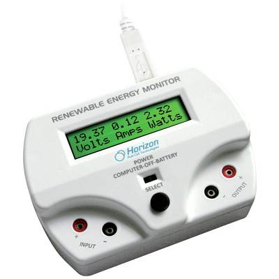 Monitor obnovitelných zdrojů energie zobrazuje naměřené hodnoty: '19,37 voltů', '0,12 ampérů', '2,32 wattů'. Zařízení má přípojky pro vstup a výstup.