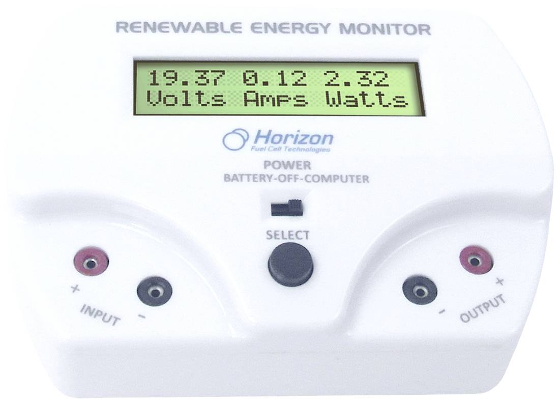 Zařízení s displejem zobrazuje: '19,37 voltů, 0,12 ampérů, 2,32 wattů'. Je to 'Monitor obnovitelné energie' od společnosti Horizon.