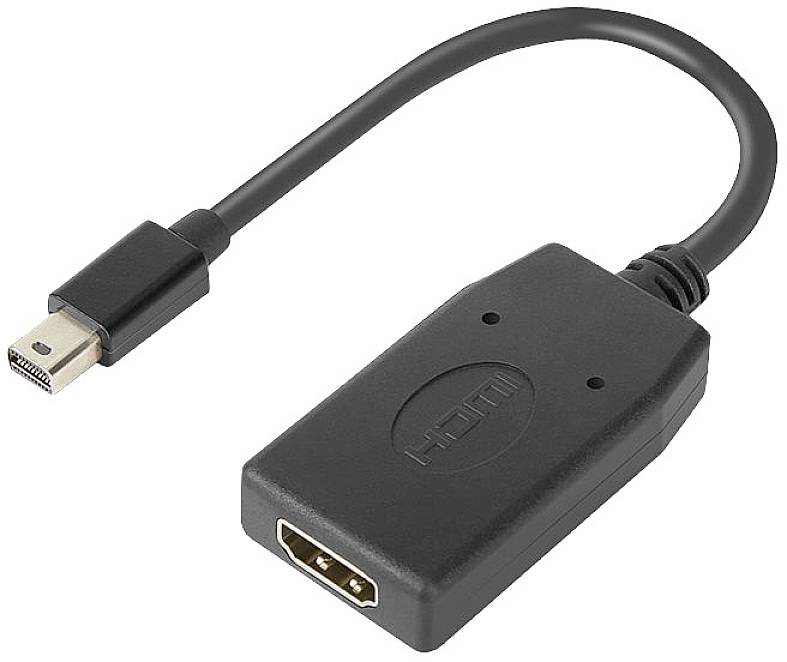 Adaptační kabel z Mini DisplayPortu na HDMI. Jeden konec má konektor Mini DisplayPort, druhý konec zásuvku HDMI.
