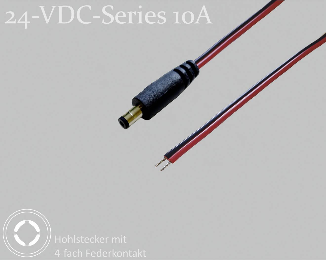 Dutinka se 4-násobným pérovým kontaktem, model '24-VDC-Series 10A', zobrazuje detaily připojení s červeným a černým kabelem.