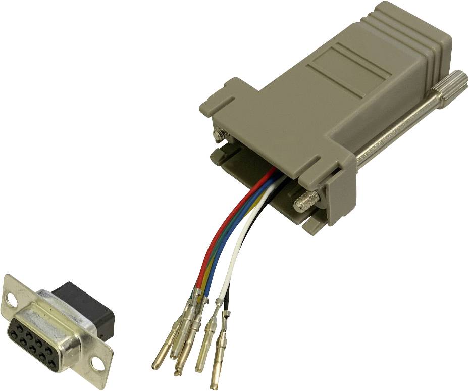 Zobrazený je konektor DB9-RS232 a VGA adaptér s odhalenými vodiči. Konektor má devět pinů.