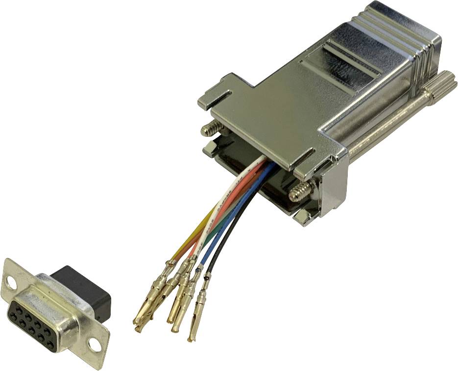 Dvě komponenty elektrické zástrčky: stříbrný adaptér s vystavenými barevnými vodiči a černá zástrčka.