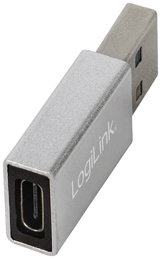 Stříbrný USB adaptér LogiLink s USB zástrčkou a USB-C zásuvkou pro připojení různých zařízení.