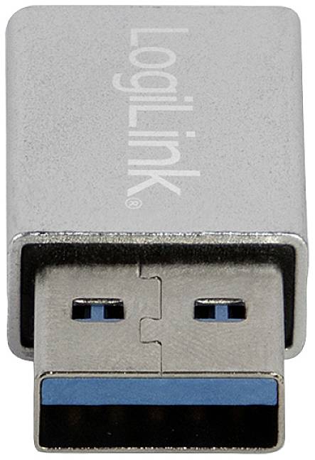 Stříbrný USB flash disk od LogiLink s modrým vnitřkem konektoru, před bílým pozadím.