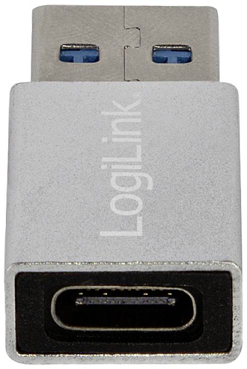 USB adaptér s USB-A zástrčkou a USB-C zásuvkou, stříbrný. Značka 'LogiLink' viditelná na horní straně.