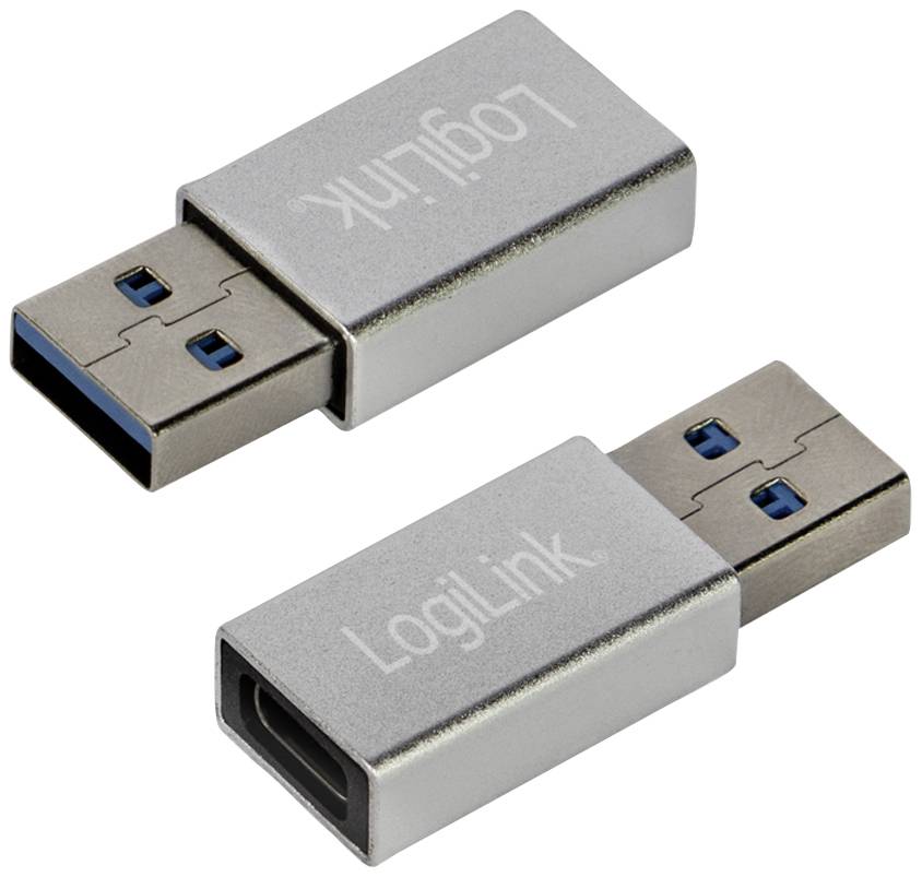 Dva stříbrné USB adaptéry s nápisem 'LogiLink', jeden s samičím a druhý s samčím konektorem, na bílém pozadí.