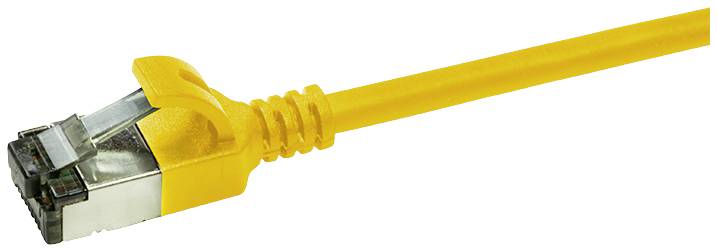 Žlutý ethernetový kabel s konektorem RJ45 pro propojení síťových zařízení.