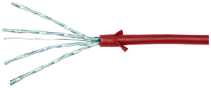 Červený kabel se čtyřmi vyčnívajícími modrými vodiči, které trčí z ochranného obalu, na bílém pozadí.