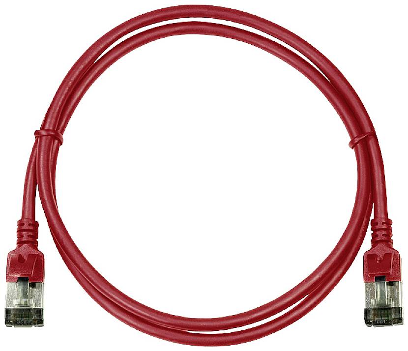 Červený síťový kabel se dvěma konektory RJ45, na bílém pozadí. Vhodný pro připojení počítačů a síťových zařízení.