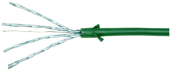 Zelený kabel se čtyřmi volně vedenými stříbrnými vodiči, vhodný pro síťovou instalaci.
