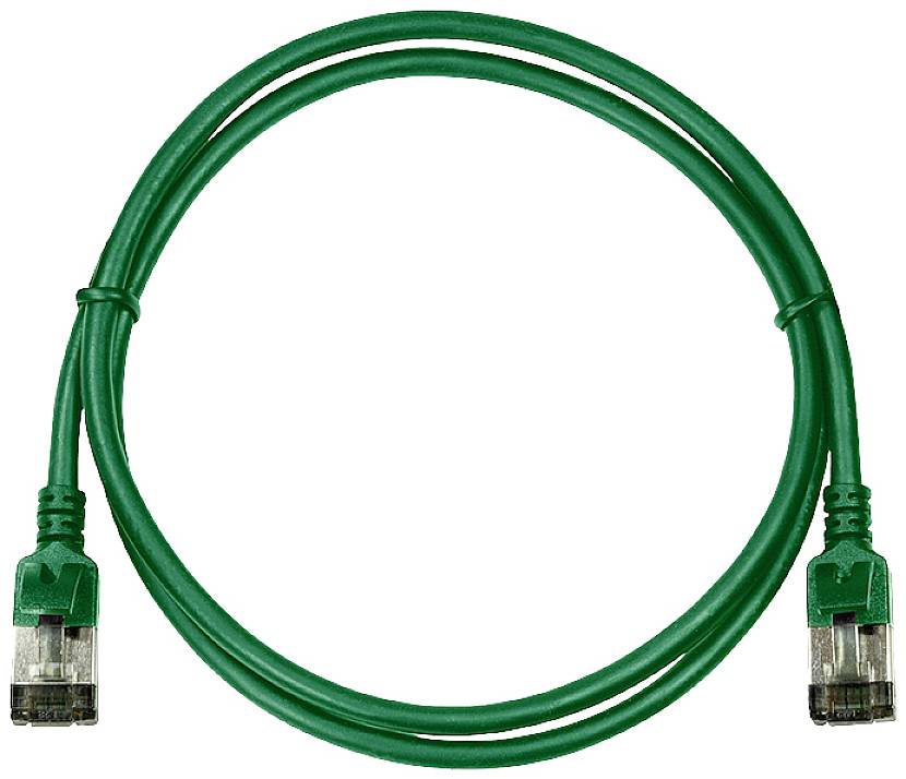 Zelený ethernetový kabel s konektory RJ45 na obou koncích, zobrazený v kruhovém uspořádání.