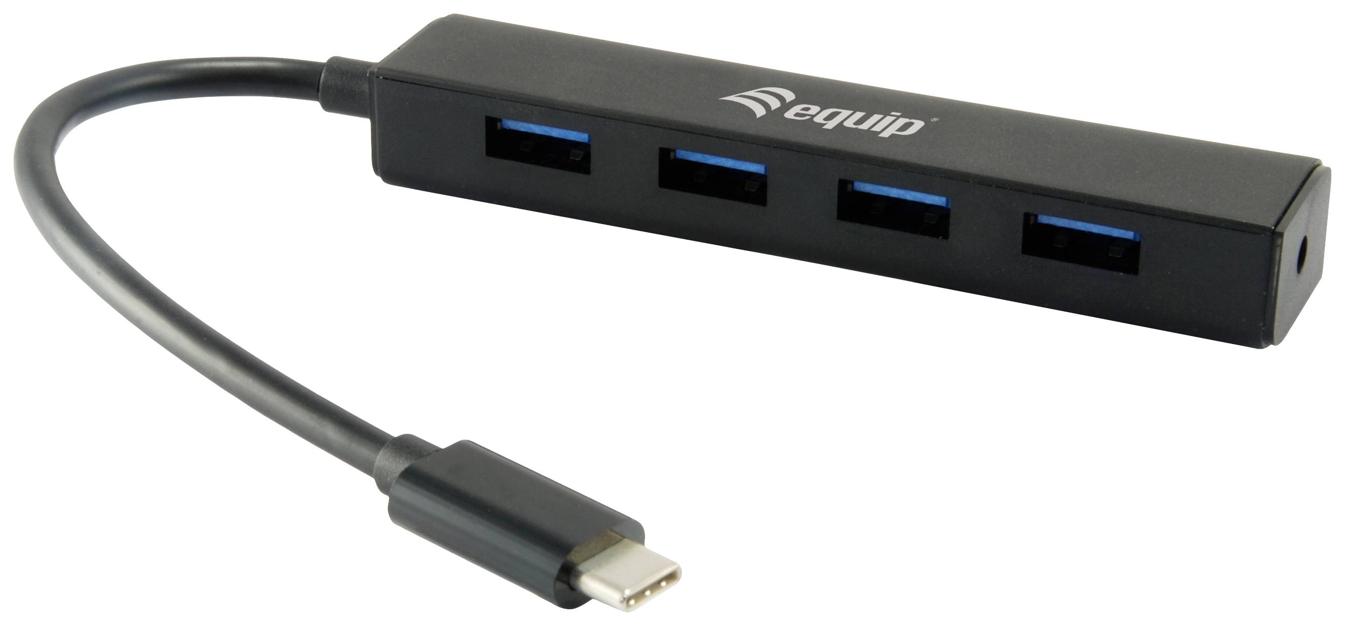 USB-C hub se čtyřmi USB 3.0 porty, kompaktní a přenosný, umožňuje připojení několika zařízení k jednomu USB-C vstupu.