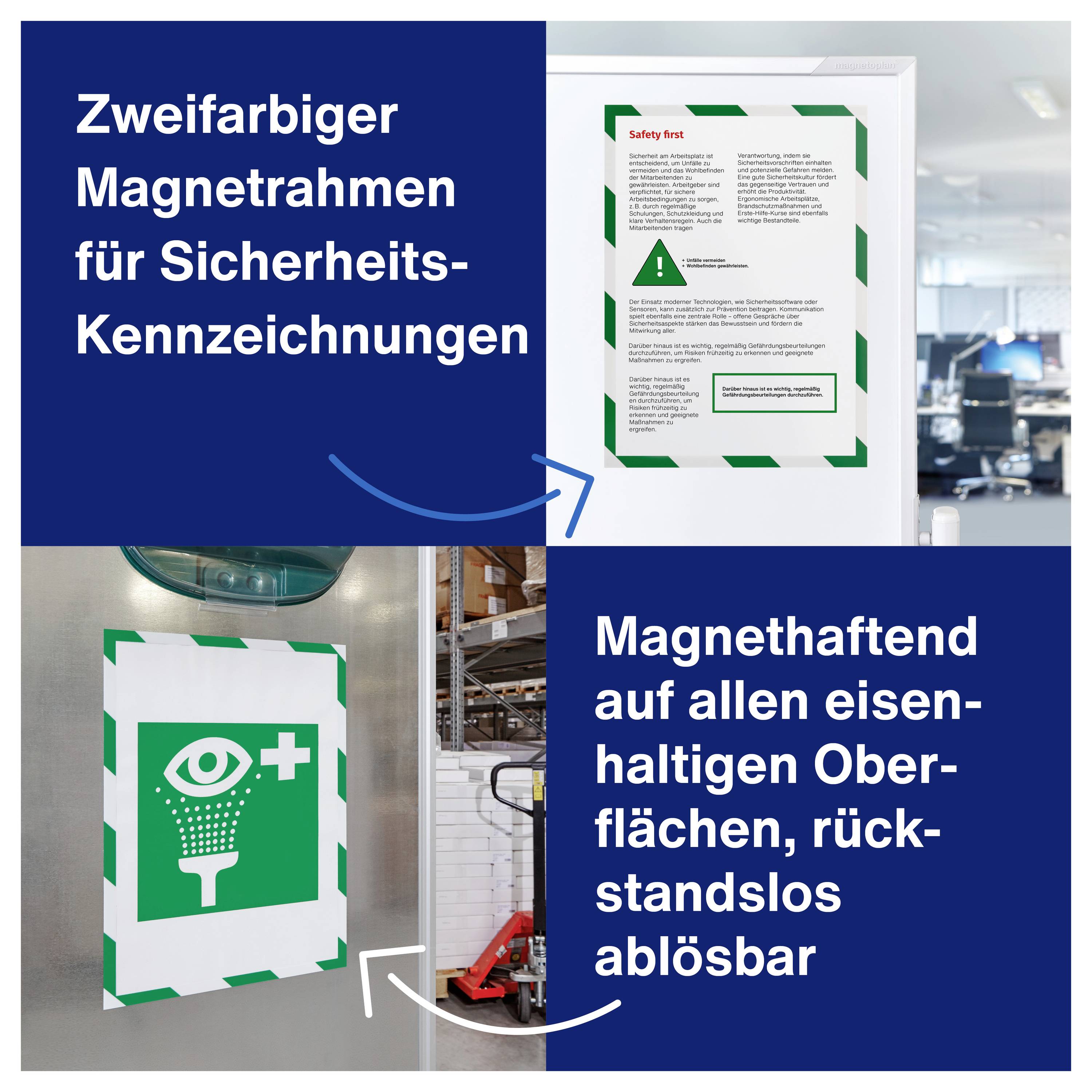 Dvobarevný magnetický rám pro bezpečnostní označení. Magneticky přichycený na povrchy obsahující železo, beze stop oddělitelný.