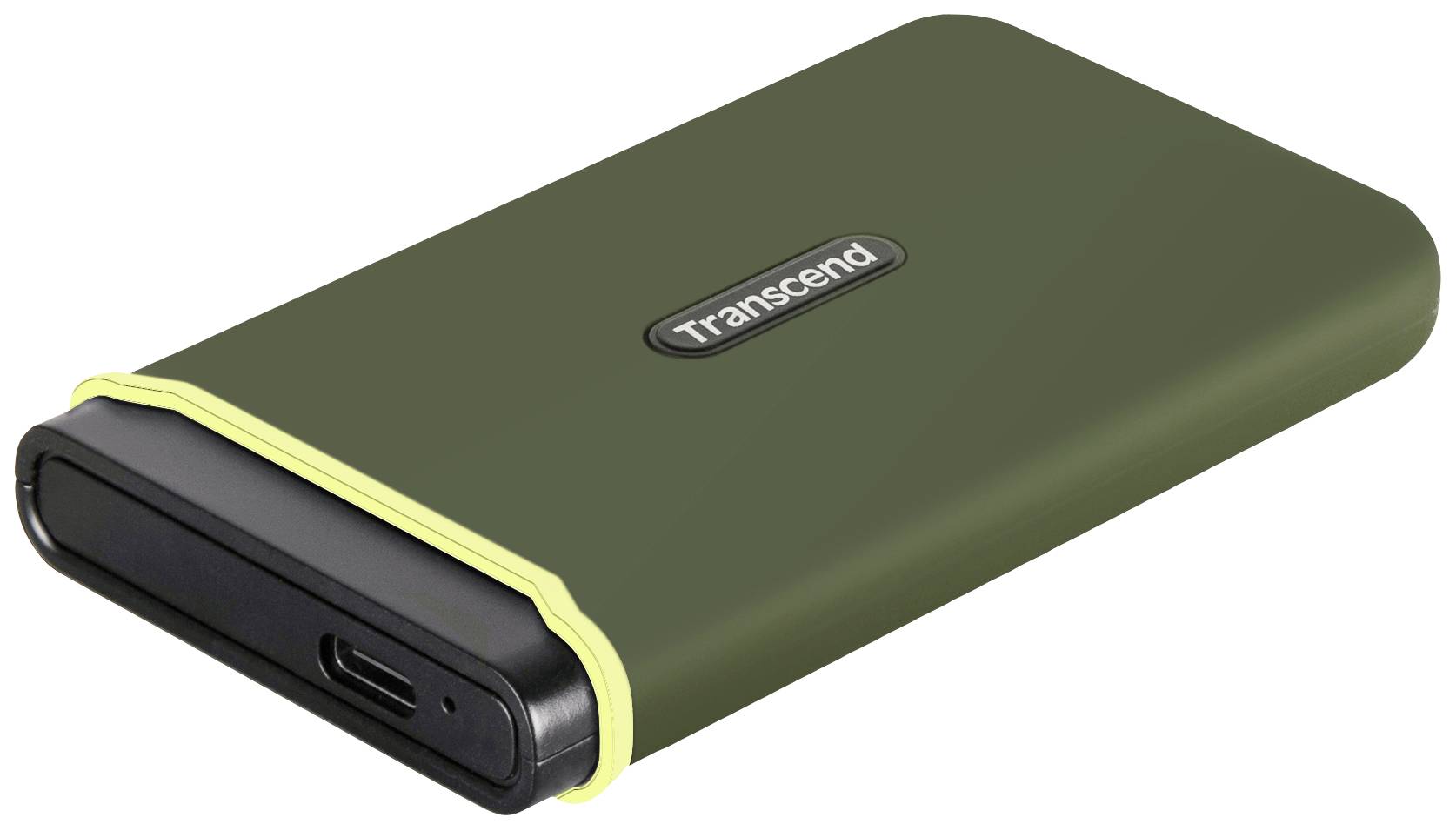Externí pevný disk v zelené barvě s černým okrajem a USB-C portem, název značky viditelný na horní straně.