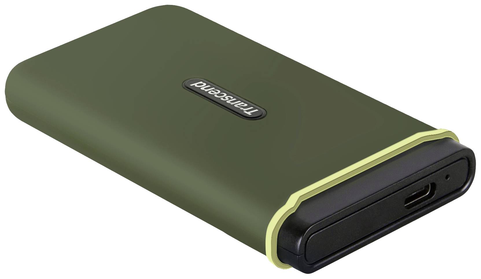 Externí pevný disk v olivově zelené barvě s USB-C připojením, kompaktní design, vhodný pro zálohování dat a rychlý přenos souborů.