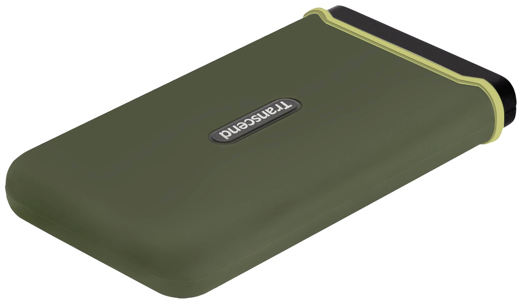 Externí pevný disk se zeleným pouzdrem a černým okrajem, na němž je logo 'Transcend'.