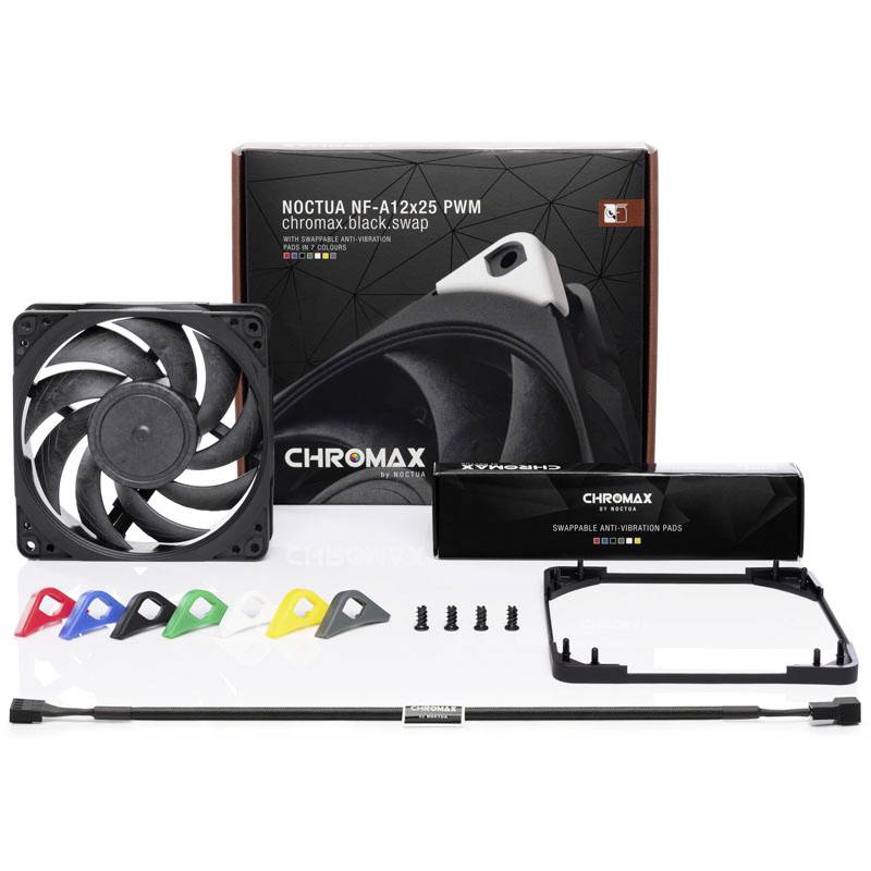 Sada ventilátorů Noctua NF-A12x25 PWM chromax.black.swap s ventilátorem, různými barevnými kryty, šrouby a obalem.