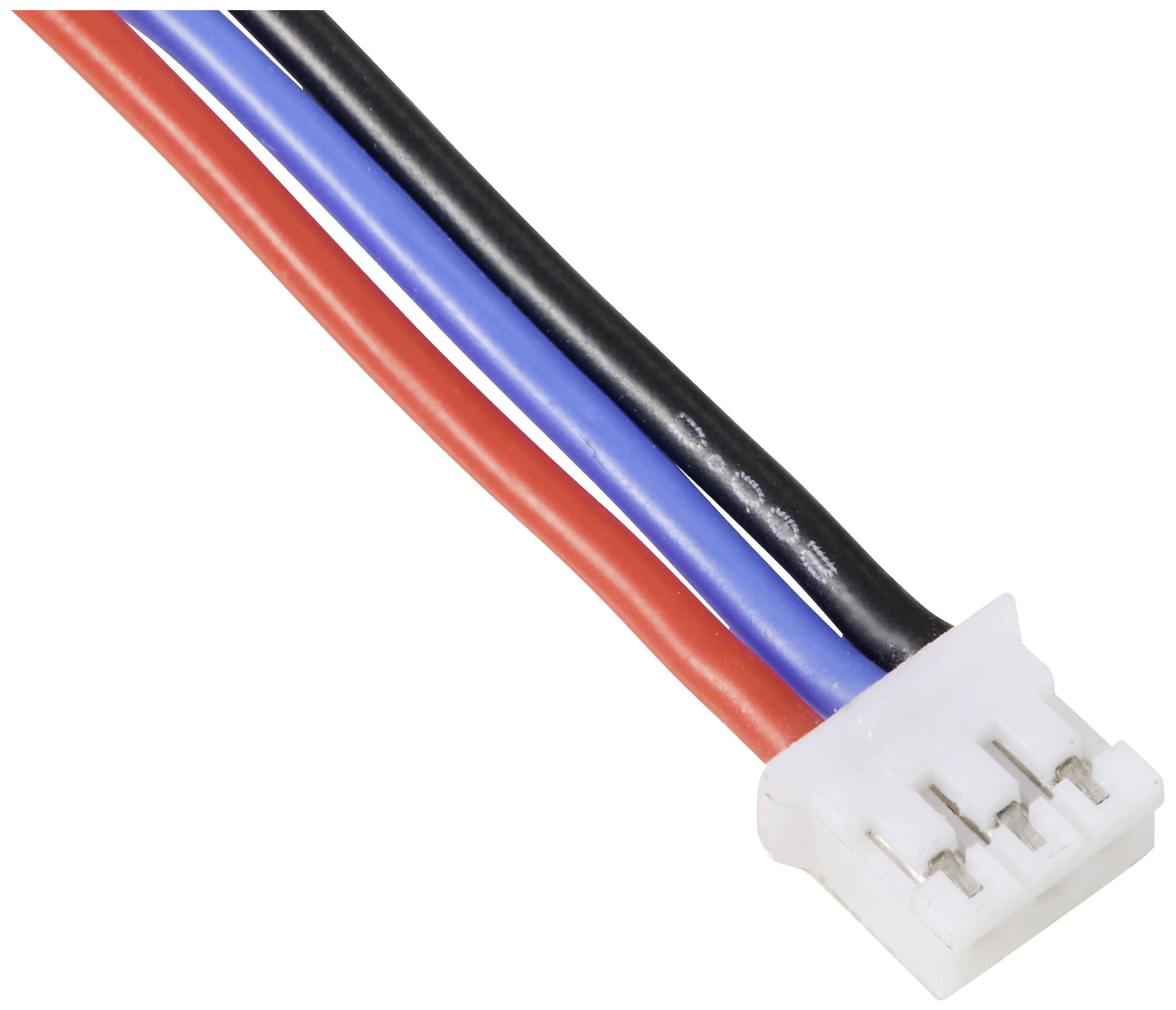 Třípólový konektor s červenými, modrými a černými kabely, typický pro elektrické spoje v zařízeních.