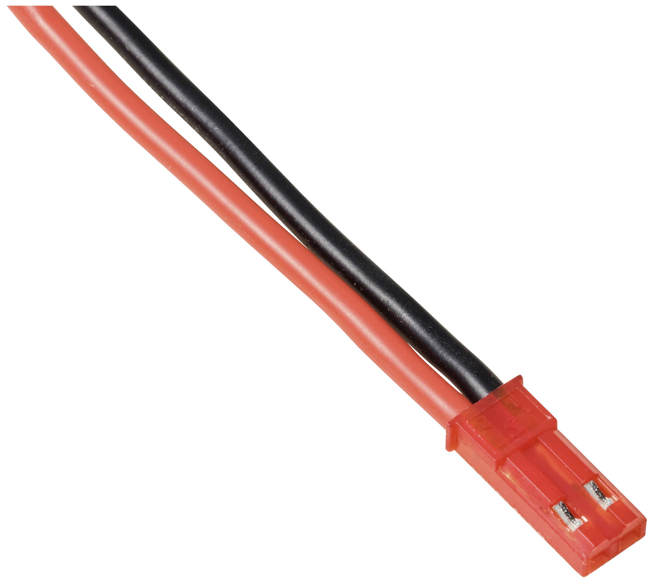 Červený a černý kabel s červenou dvoupólovou zástrčkou, typicky používaný pro elektronické připojení.