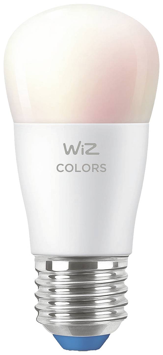 Žárovka s nápisem 'Wiz Colors', vhodná pro barevné osvětlení, se socketem E27, zobrazující jemné záření nahoře.