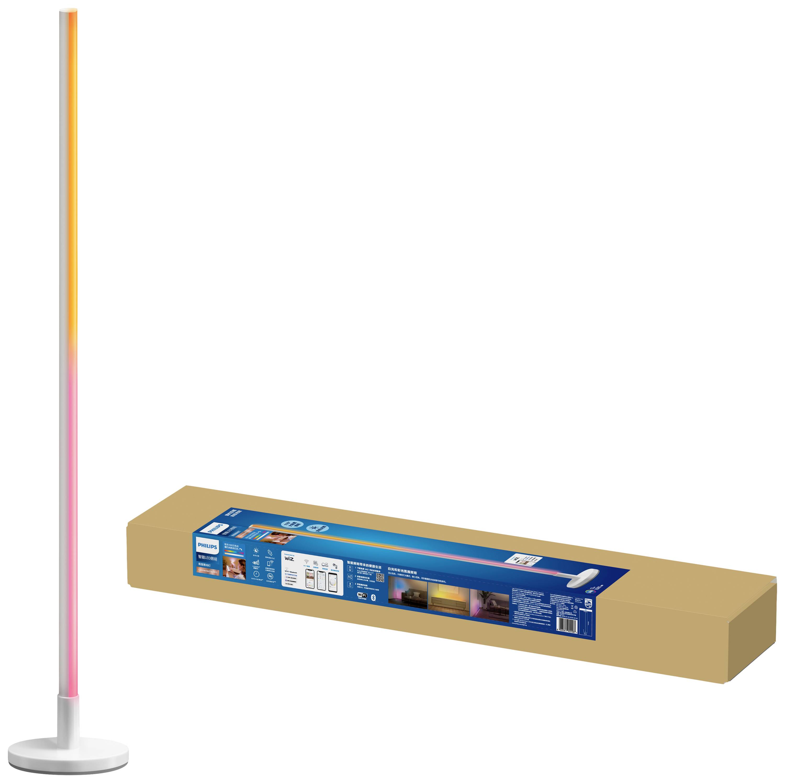 LED stojací lampa s vertikálním barevným přechodem od žluté po růžovou, vedle hnědý obal s vyobrazením produktu a detaily.